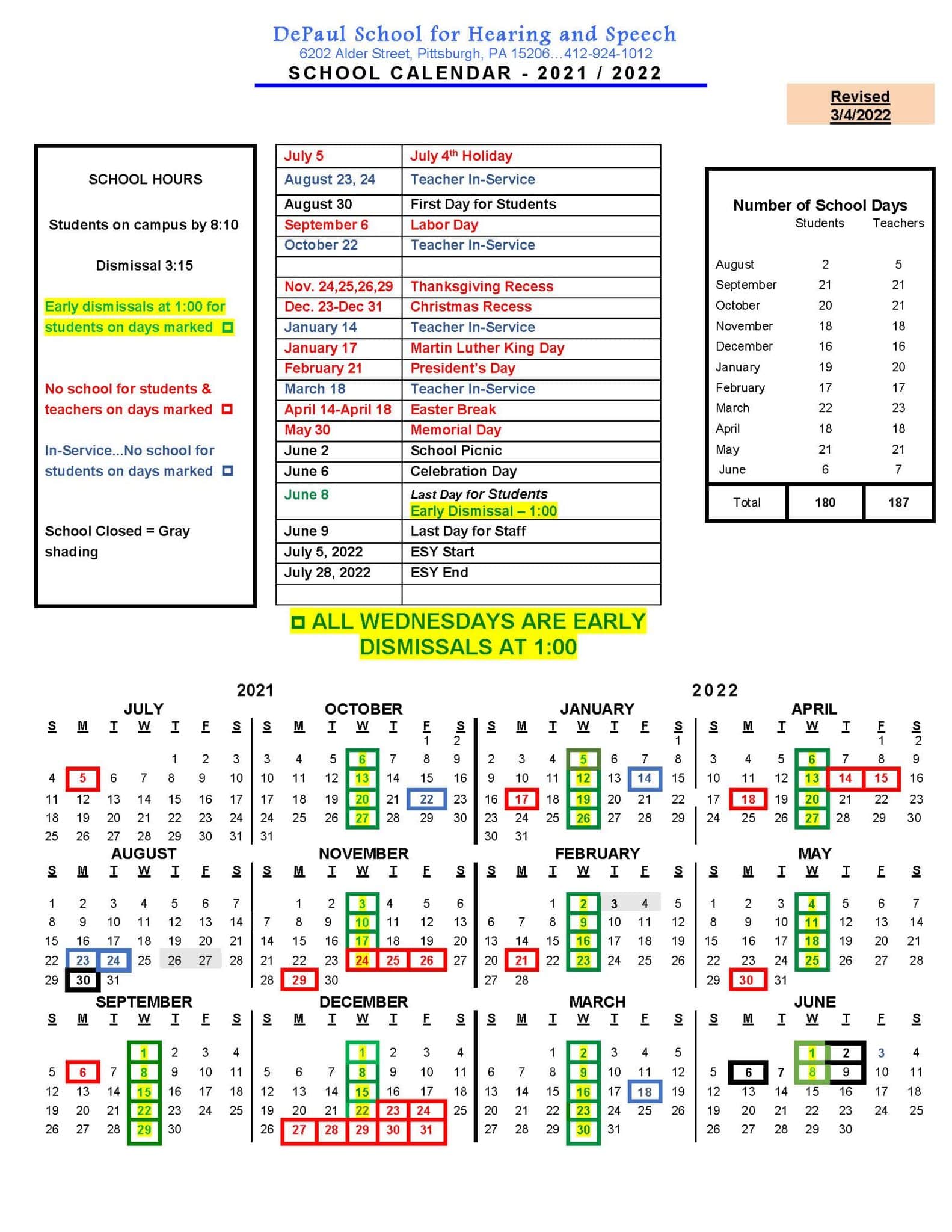 School calendar 20212022 Revised March 2022 DePaul School for